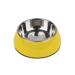 Comedero/Bebedero redondo con bowl de acero inoxiodable - Amarillo