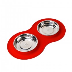Comedero/Bebedero doble de silicona con bowl de acero inoxidable - Small - Rojo